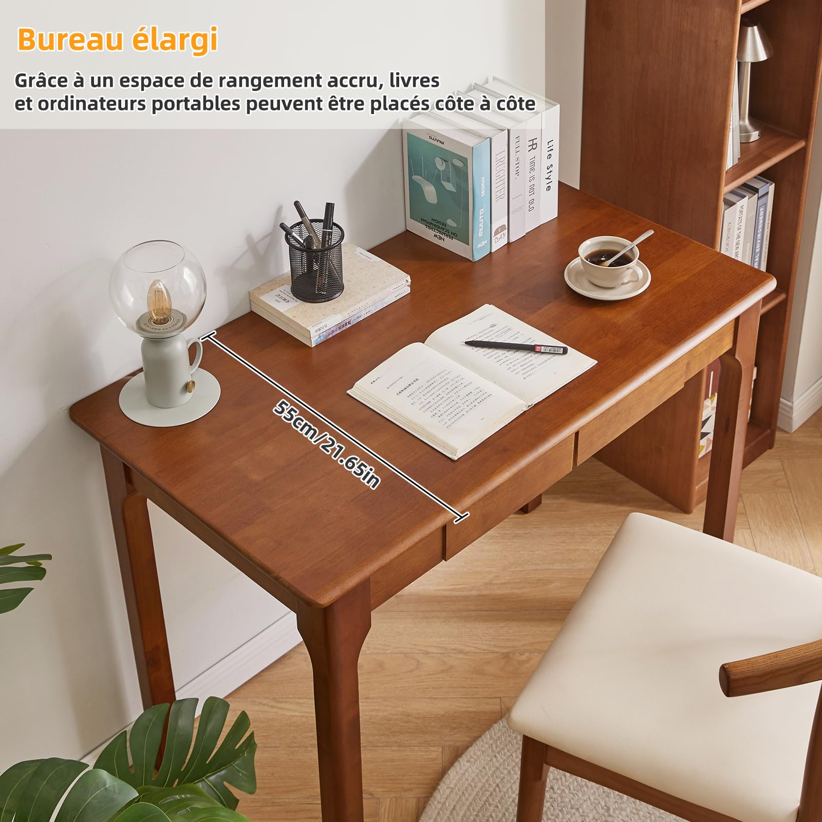 Aibiju Bureau en Bois Massif avec 2 Tiroirs idéal pour Le Travail, Les études, Bureau d'ordinateur pour étudiant ou Chambre, Petite Table pour Petits Espaces, Brun foncé YD-WD04H
