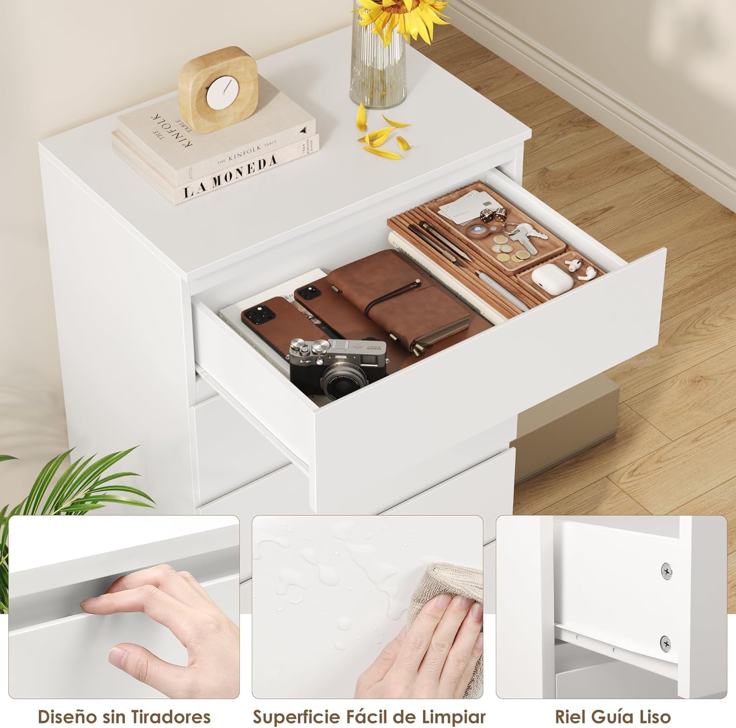 FOREHILL Cómoda Dormitorio, Cómodas y Cajoneras, Cajonera con 6 Cajones Blanco, Sinfonier Dormitorio Alto, Mueble Almacenaje para Dormitorio, Salón, Madera 60x40x119cm