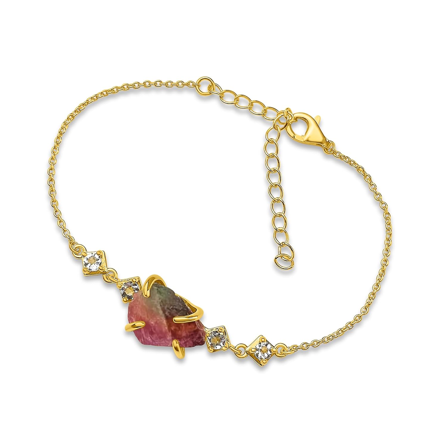 Raw watermelon tourmaline Crystal Chain Bracelet Birthstone Gift for Her on Valentine Birthday Christmas Anniversary Mothers day Uniquelan Jewelry (watermelon-tourmaline, yellow-gold)
