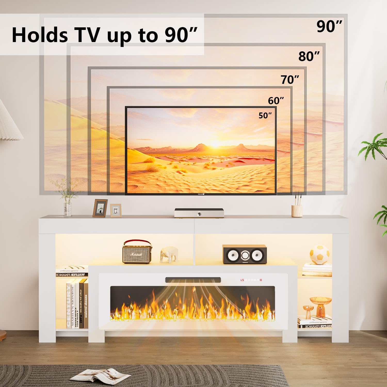 Pretzi Fireplace TV Stand with 50" Electric Fireplace Up to 90" TVs, 80" Entertainment Center with 20 Color LED Lights, Modern Wood TV Media Console with Storage for Living Room, White+White