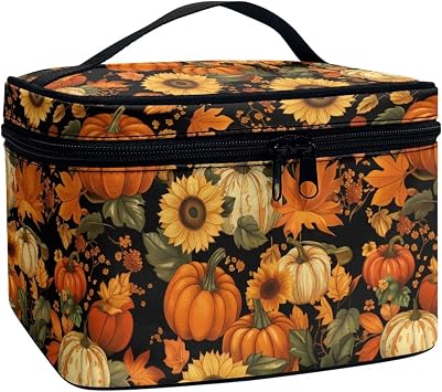 JoyLamoria Autumn Leaf Pumpkin Sunflower Travel Makeup Bags for Women and Portable Tote Cosmetic Case with Carry Handle Toiletry Accessories Storage Organizer Bags Thanksgiving Decor Fall harvest