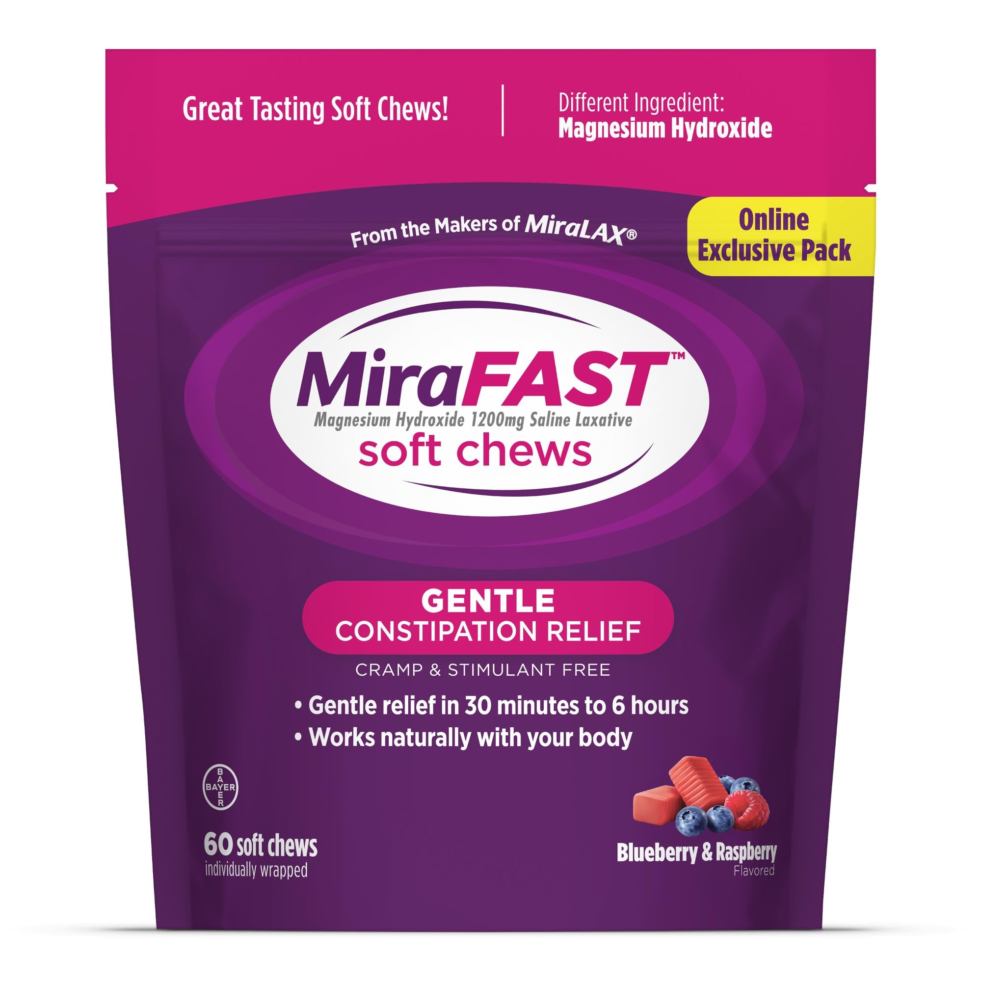 MiraFAST Soft Chews, from the Makers of MiraLAX, Gentle Constipation Relief, Fast Acting, Stimulant Free Saline Laxative, Magnesium Hydroxide, Blueberry & Raspberry Flavor, 60ct
