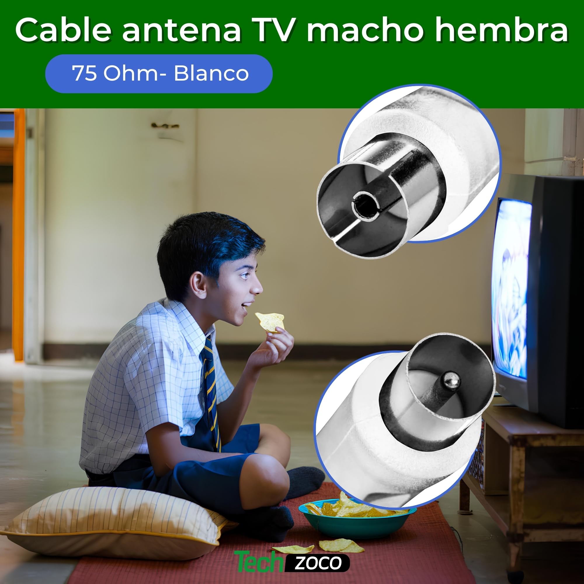 TECHZOCO Cavo antenna TV maschio femmina, coassiale 90°, per TV e decoder, 70dB, HDTV, DVB-T2/C/S, 75 Ohm, bianco, 2,5 metri