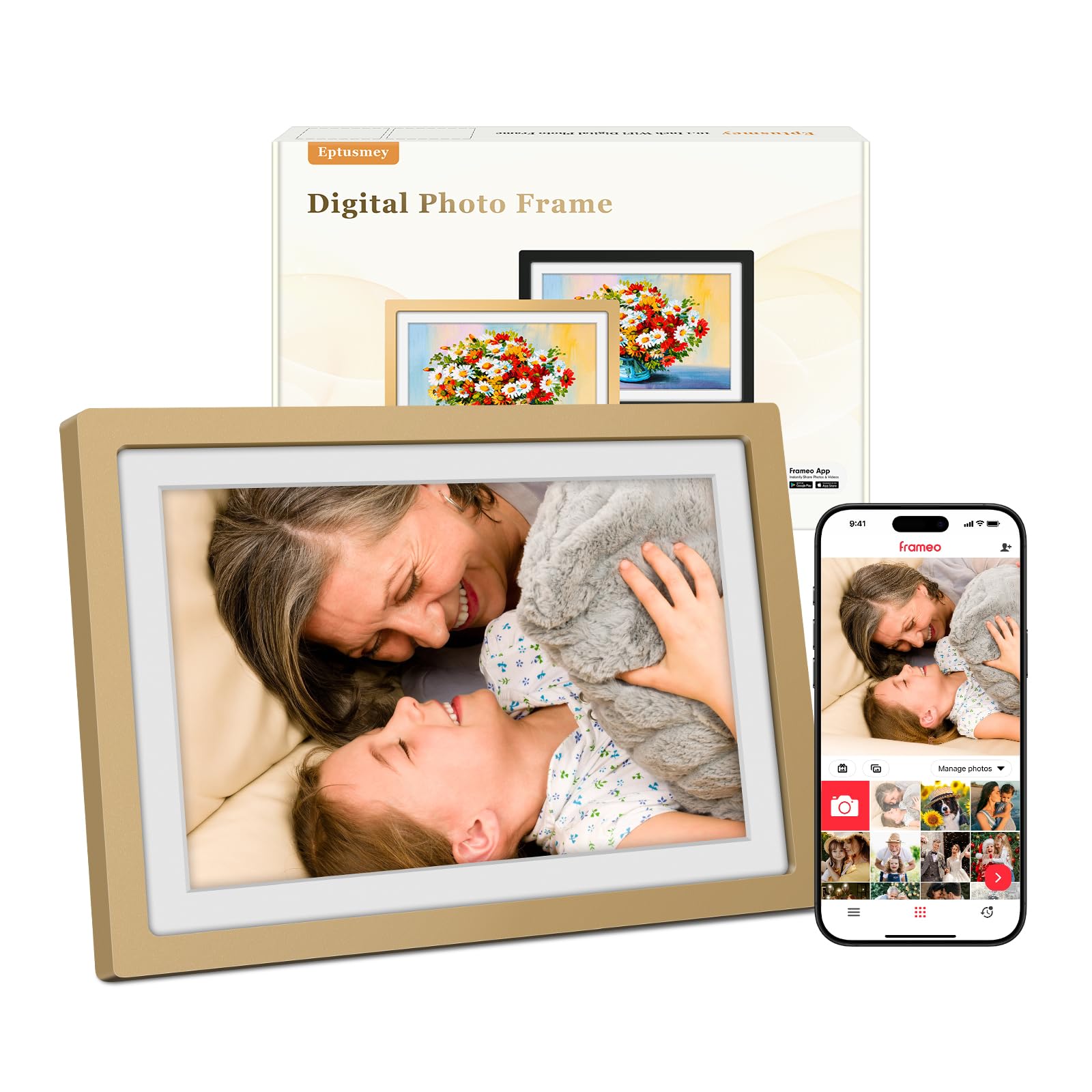 Frameo Digitaler Bilderrahmen WLAN 10.1 Zoll Elektronischer Bilderrahmen mit 32GB, 1280 * 800 HD IPS Touchscreen