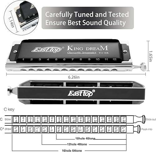 Miniatura 4 de East top King Dream - Llave de armónica cromática de C, 12 agujeros, 48 tonos, armónica profesional para órgano bucal para adultos, profesionales y