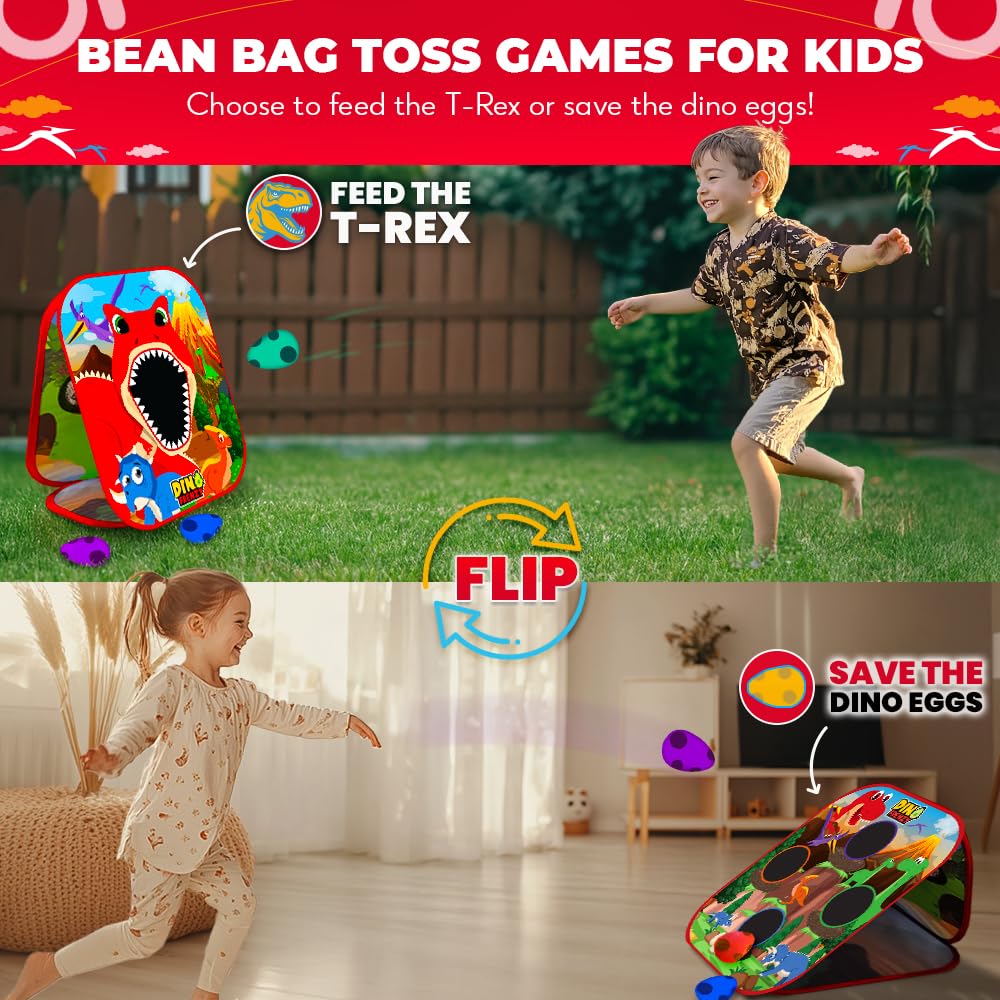 SWOOC Games - Dino Frenzy™ | 2-in-1 Corn Hole Games for Kids | 5-Second Setup | Dinosaur Bean Bag Toss Game for Kids | Kid Cornhole Game Set | Toddler Party Activity | Outside Bean Bags Kid Tossing