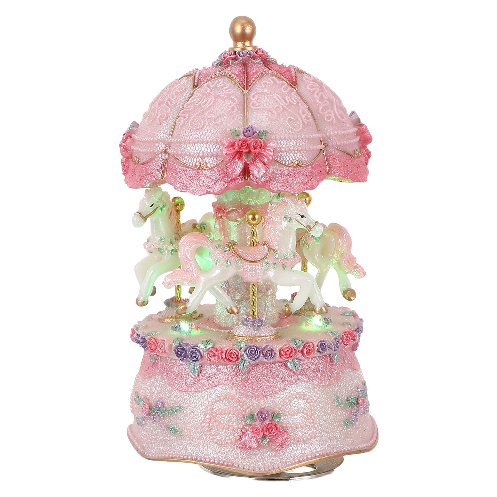 Carillon Giostra con Cavalli, 3 Cavalli, Resina, Rosa | Luci LED Colorate, Melodia Classica Rilassante, Centro Tavolo Natalizio, Regalo Compleanno Ragazze