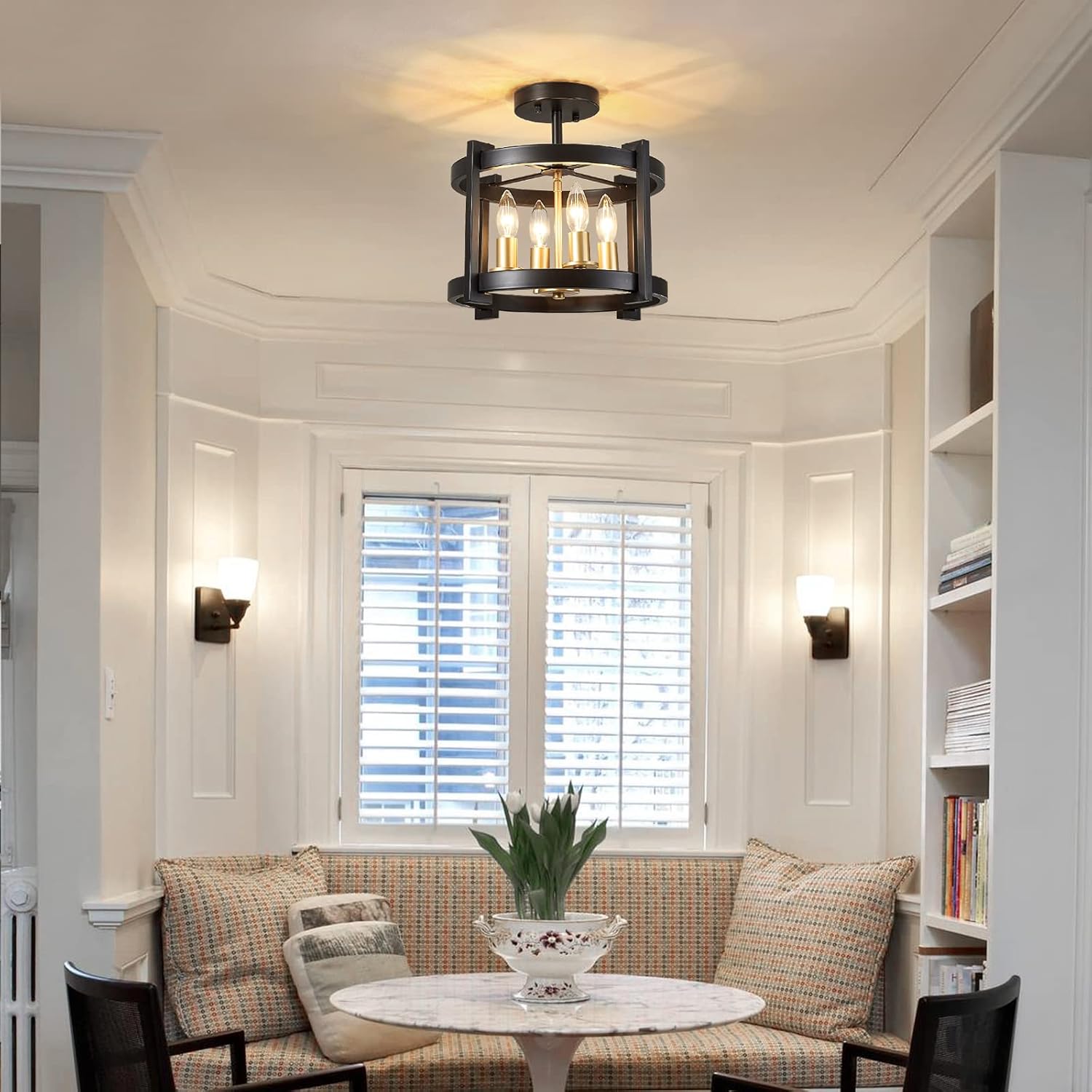 4-Light Semi Ceiling Light Flush Mount BK+GD Farmhouse Rustic Vintage Antique Ceiling Light Fixture for Hallway Entryway Gazebo Kitchen Dining Room Bedroom UL Listed