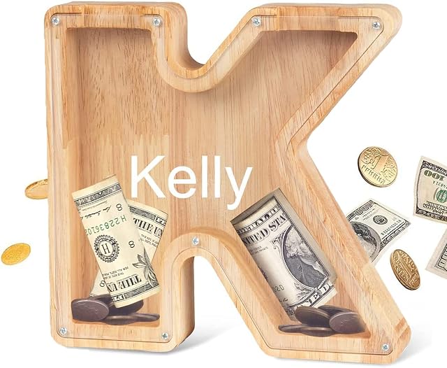Allwins Personalized Wooden Letter Piggy Bank Alphabet Letter Decorative Sign Piggy Bank Makes a Perfect Unique Gift, Decor, Keepsake, or Savings Piggy Bank for Kids with Sticker for DIY (K)