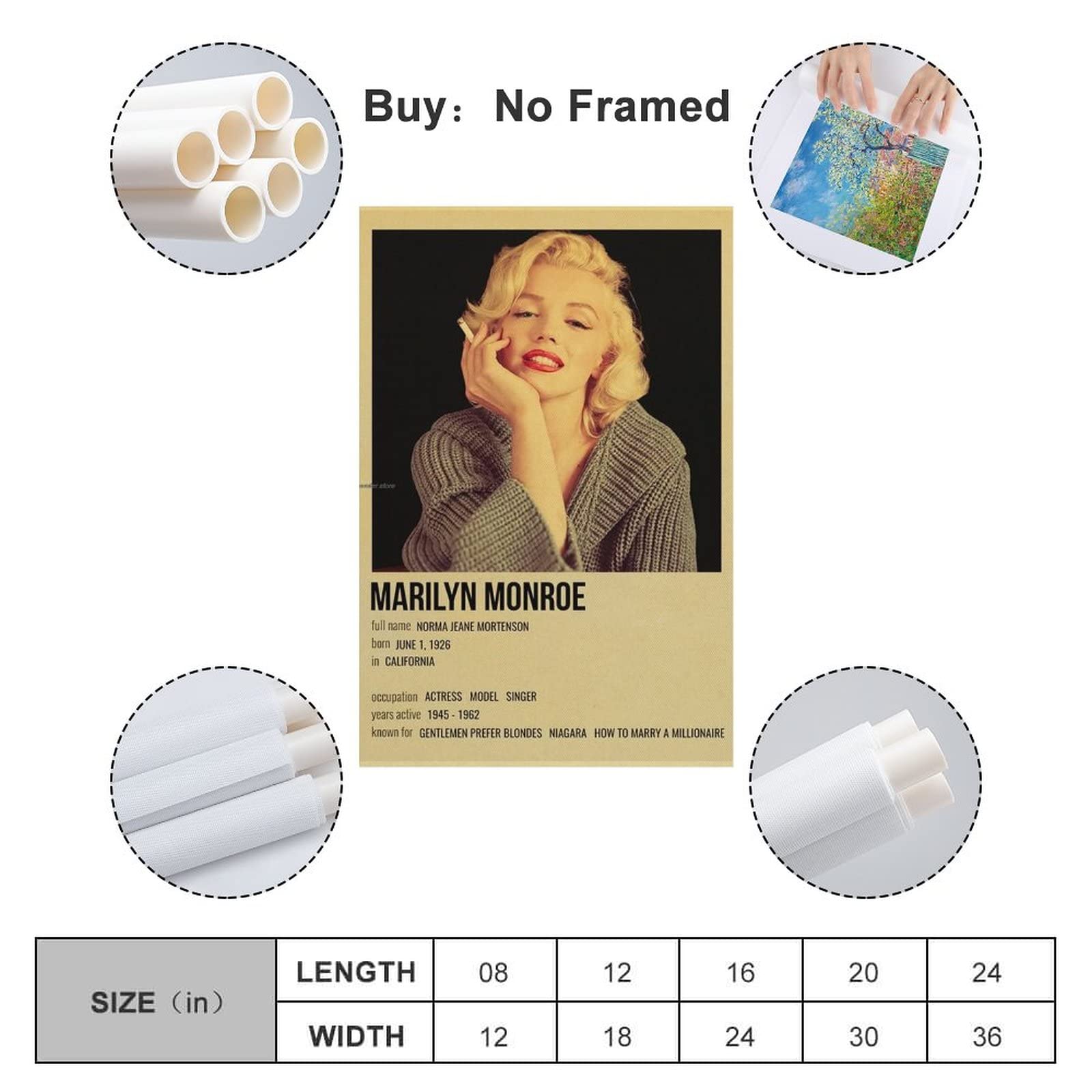 Affiche Sur Toile Marilyn Monroe 60x80 Cm - Poster Artistique Élégant Pour Salon Et Chambre, Sans Cadre