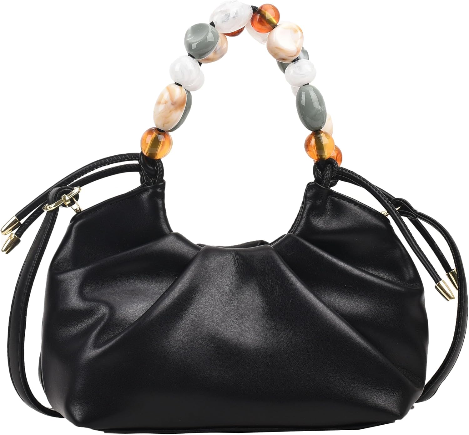 Women Top Handle with Colorful Beads Handbag Classic Soft Vegan Leather with Detachable Shoulder Strap Small