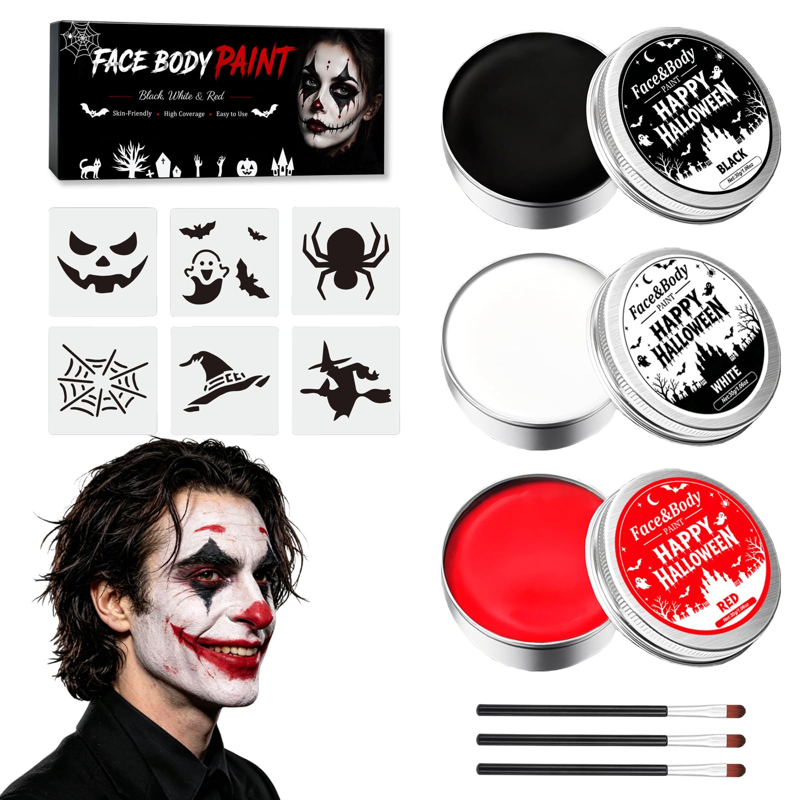 Theaterschminke Set (3×30 g) – Schwarz, Weiß, Rot, Creme-Form