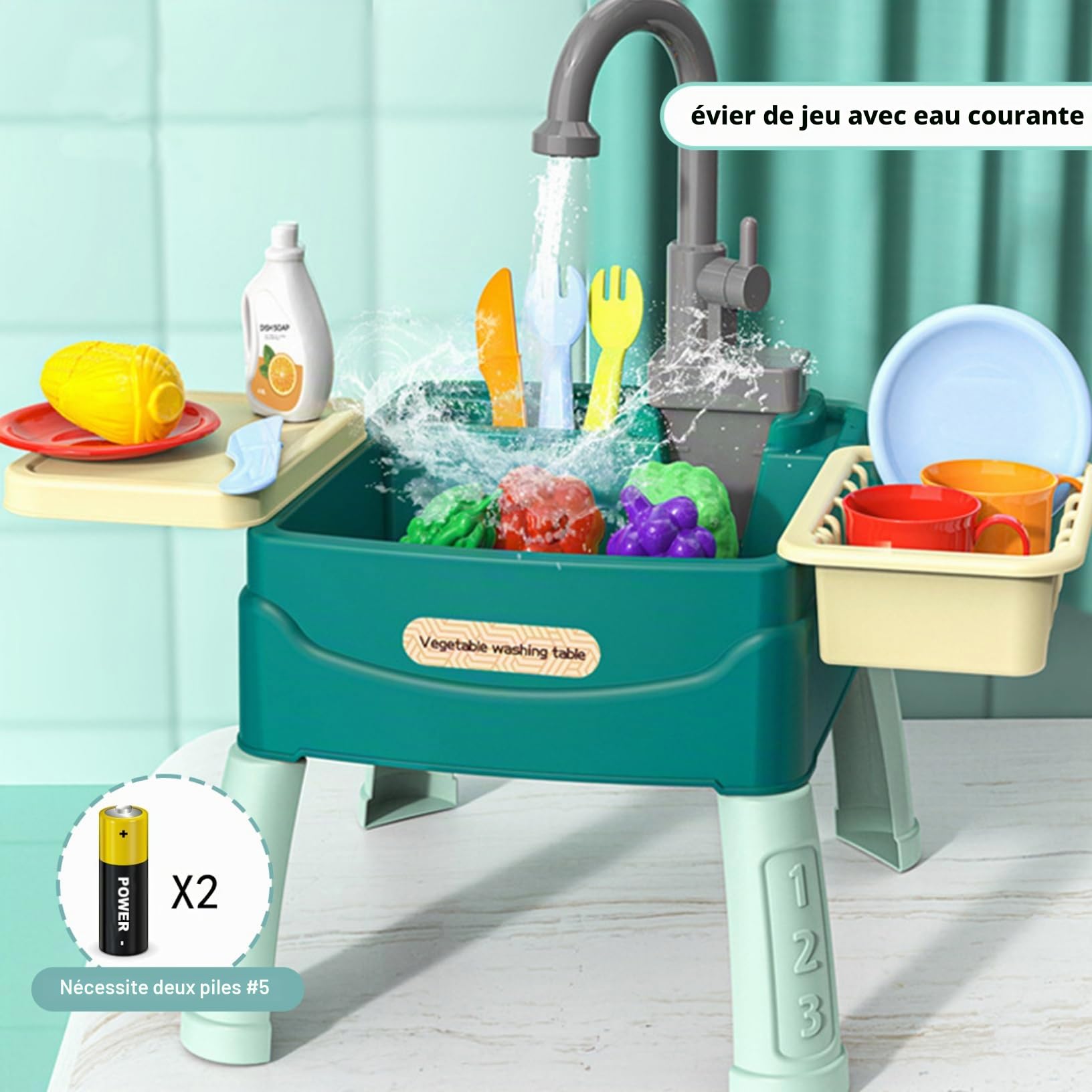 Évier de Jeu avec Eau Courante, 23 pièces, évier en Plastique pour Enfants de 3 Ans et Plus, Ensemble Coupe Fruits et légumes, Jouets Jeu d'eau réutilisables