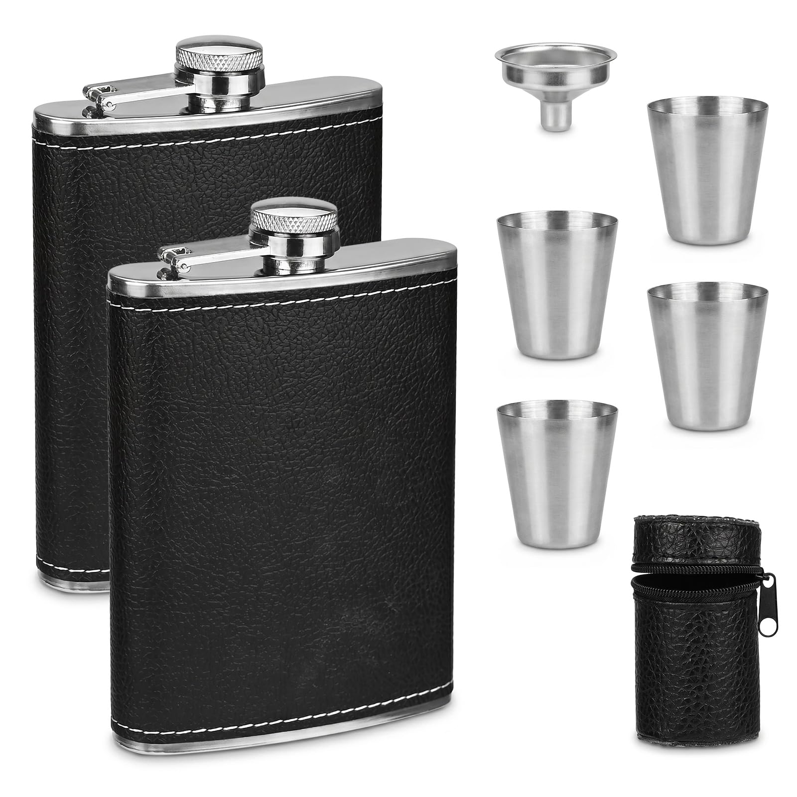 Hip Flask for Men, 2 Pack 8oz 304 Stainless Steel Flask Set with 4 Shot Glasses & 1 Funnel, Leakproof Leather Wrapped Alcohol Flasks for Liquor Whiskey, Groomsman Gifts for Wedding, Camping and Hiking