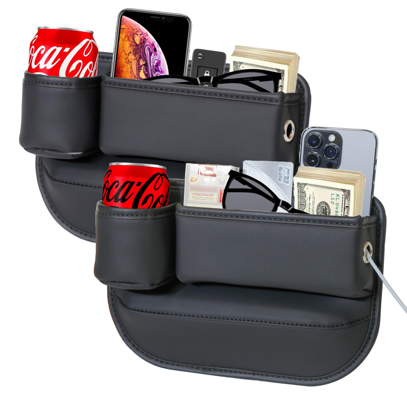 2 Pack Car Leather Cup Holder Gap Bag - Car Seat Gap Filler & Organizer, Seat Gap Storage Box Organizer Car Accessories for Women Men(Black Driver's + Passenger)
