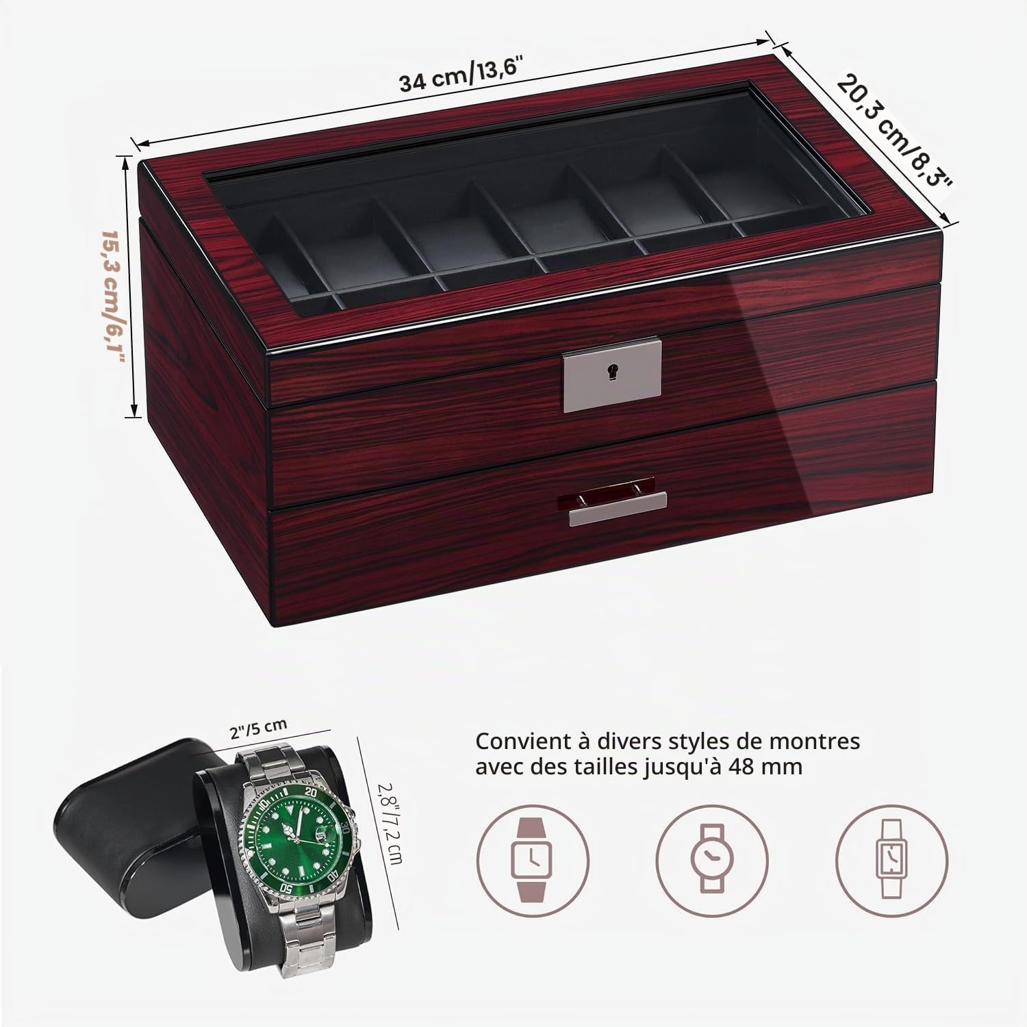 ANWBROAD Boîte à montres à 12 emplacements pour homme avec grand couvercle en verre à 2 niveaux - Organiseur de montre verrouillable - Support de montre luxueux JWB003Y