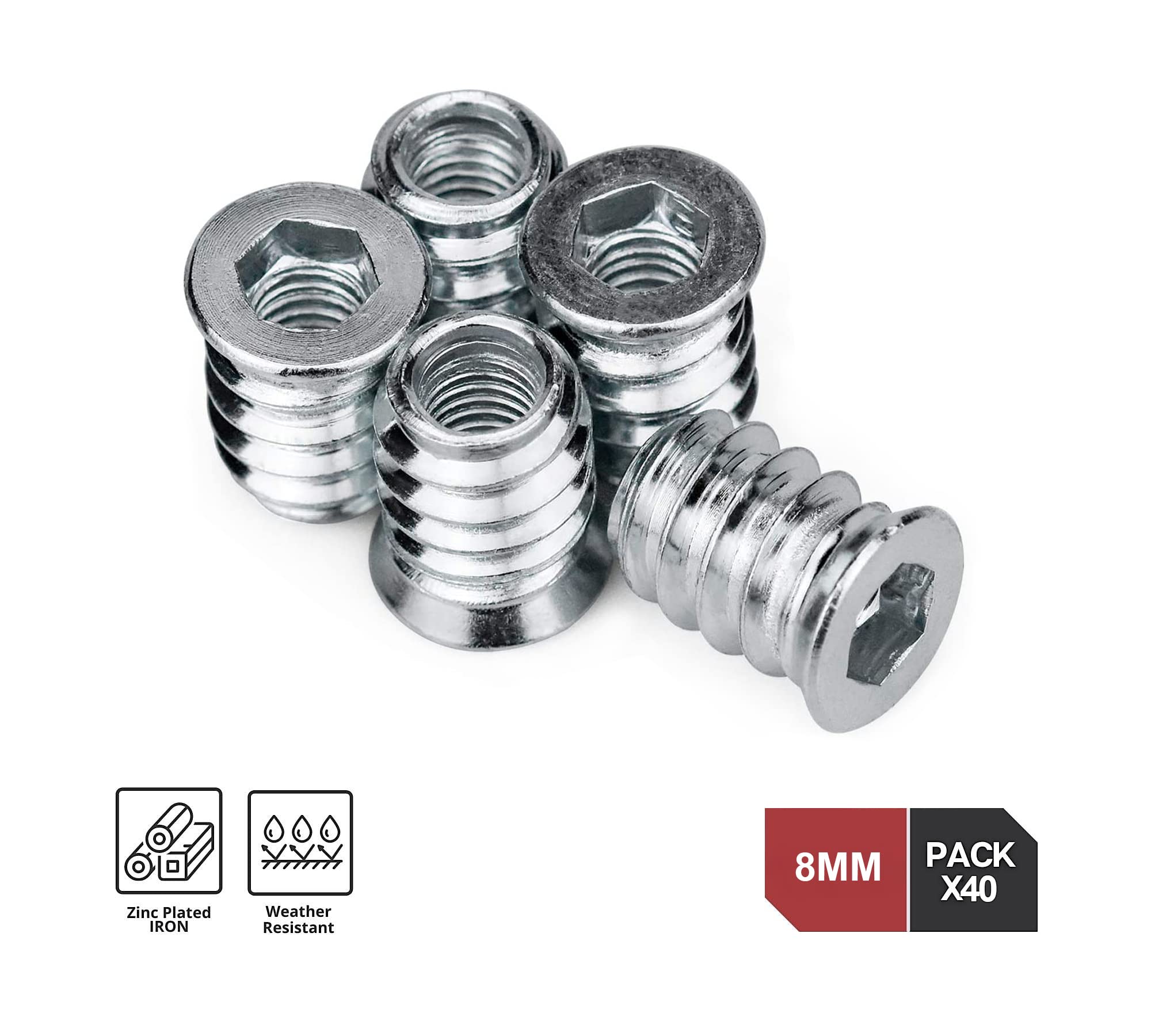 DOJA Industrial | Boccole Filettate per Legno | 40 Pezzi | 8 x 15 mm | Inserti Filettati | Rivetti Filettati Esagonali | Dadi esagonali in lega | Bussole Filettate | Inserti a Legna | Per Compensato