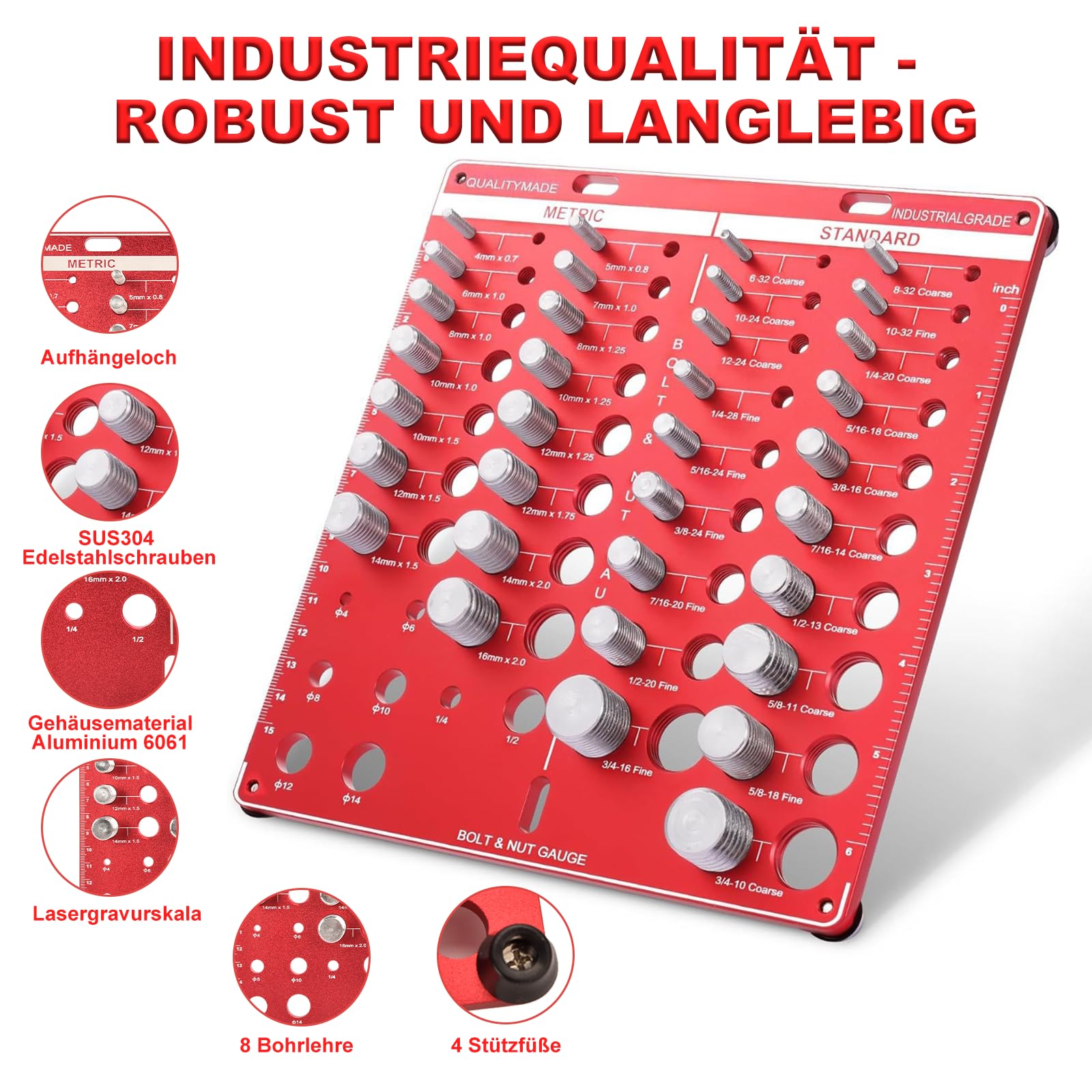 44Löcher Gewindelehre Thread Checker - 4 in 1 Aluminiumlegierung Gewindeprüfer, mit Metrische & Imperiale Gewinde, für Messung Der Abmessungen von Muttern und Schrauben, Länge und Durchmesser Messen