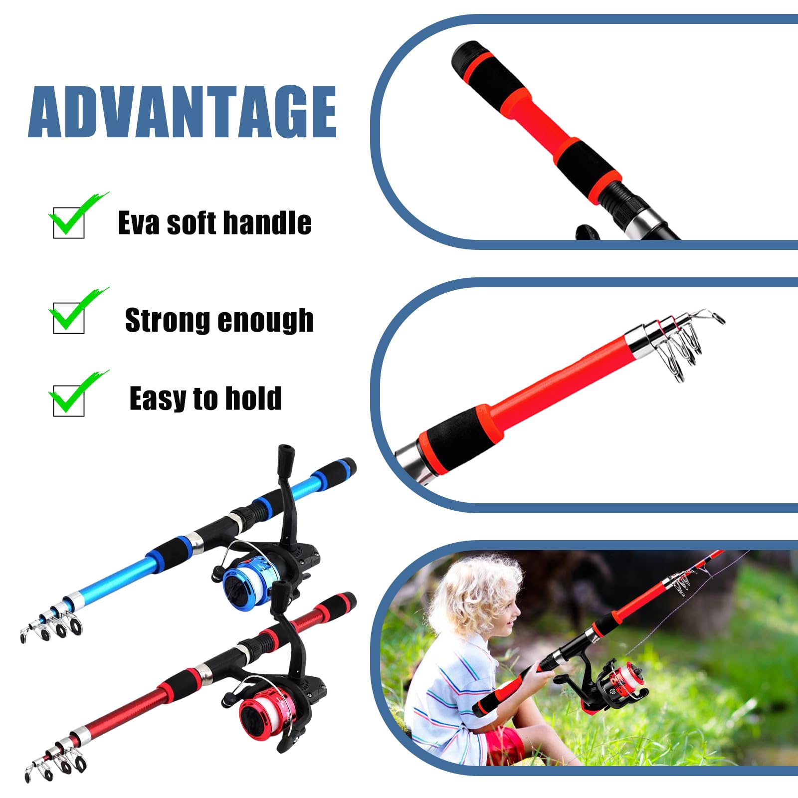 Set da pesca per bambini: 1,8 m, leggero, set di canne telescopiche, borsa per la pesca per attività all'aperto per ragazzi e ragazze (nero + blu)