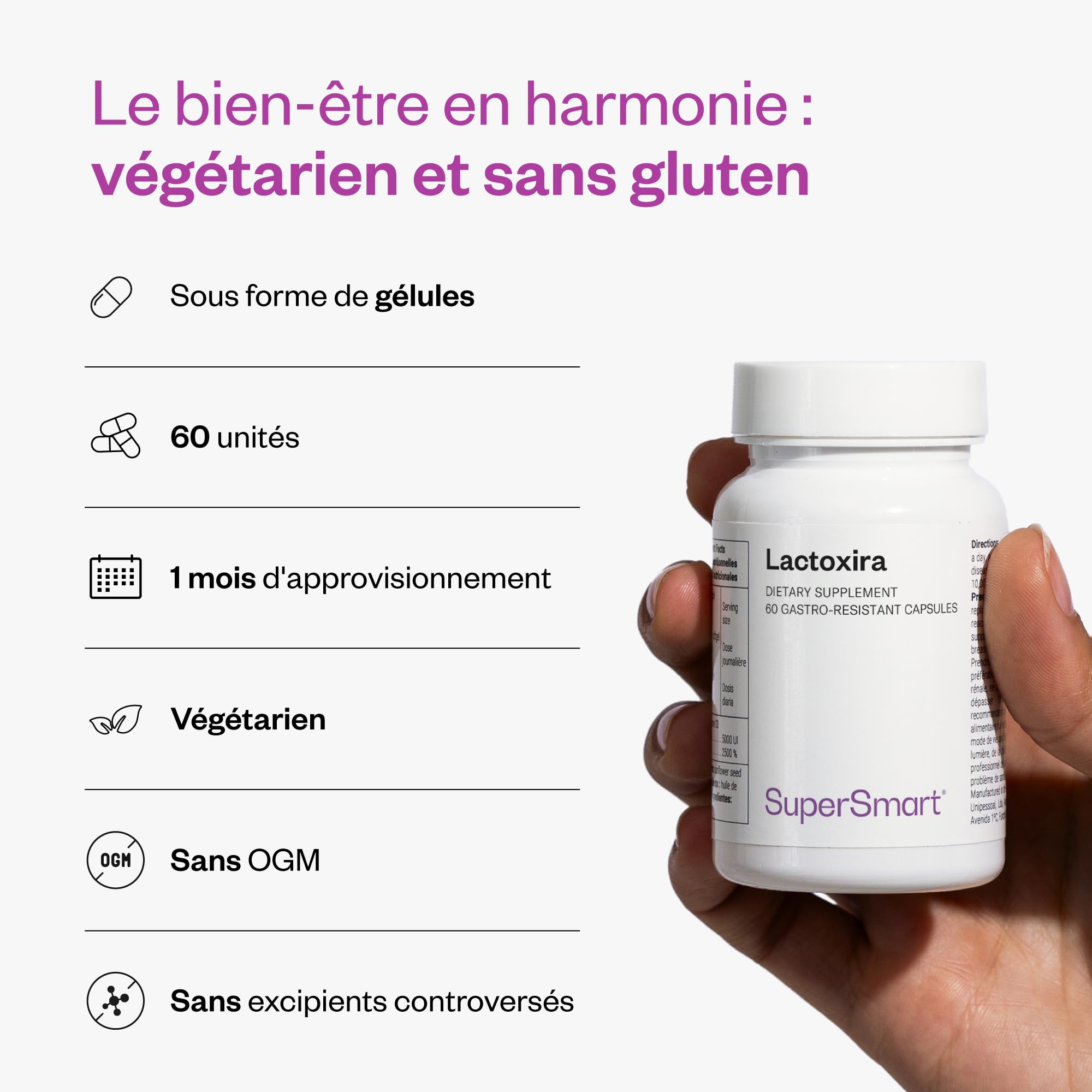 Lactoxira - Contribue à Supprimer les Troubles de l'Humeur - SuperSmart | Micro-Organismes Dont Lactobacillus Casei & Bifidobacterium Longum - Sans OGM - 60 Capsules DR