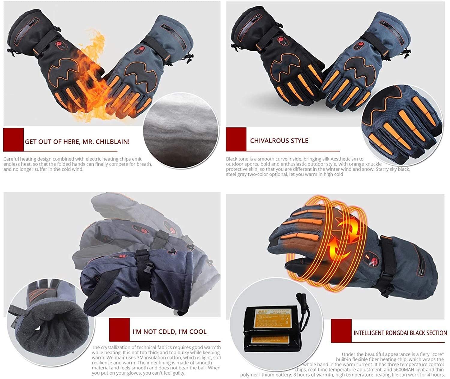 CHEWYNP Guantes térmicos eléctricos Guantes térmicos con batería Recargable para Hombres y Mujeres, Guantes térmicos Impermeables Guantes cálidos de Invierno para Esquiar Senderismo Guante