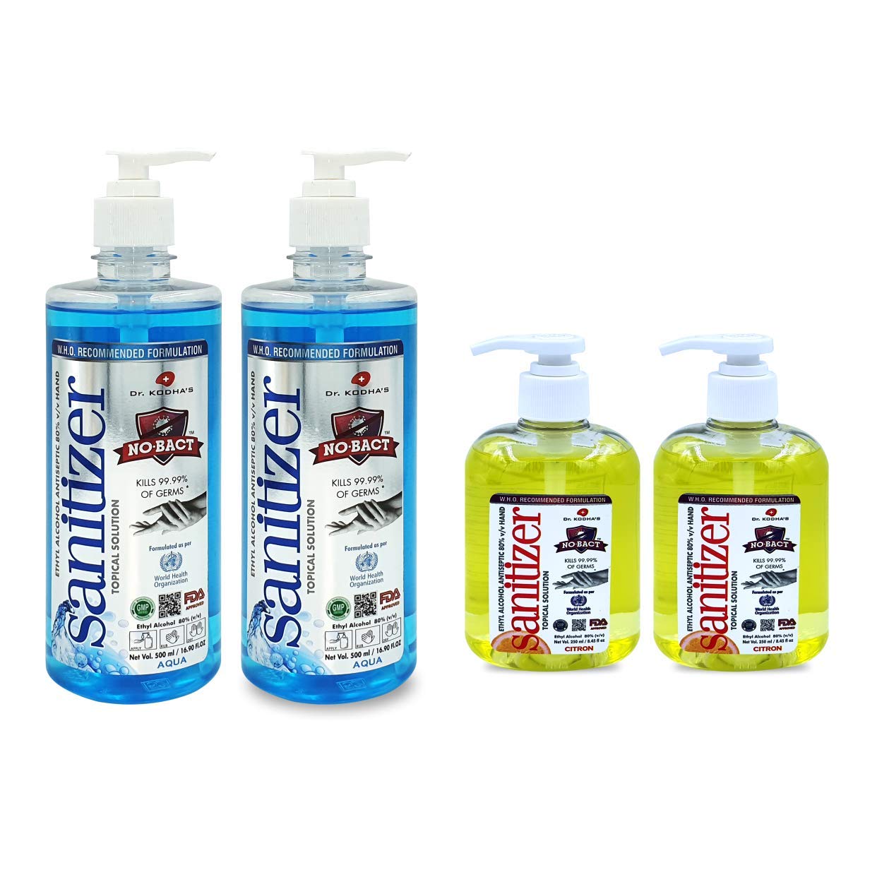 NO-BACT 80% v/v Ethyl Alcohol, Moisturising with Pump Dispenser, Refreshing Citron & Aqua Fragrances Hand Sanitizer Pump Dispenser (2 x 500ml,2 x 250ml) - Pack of 4