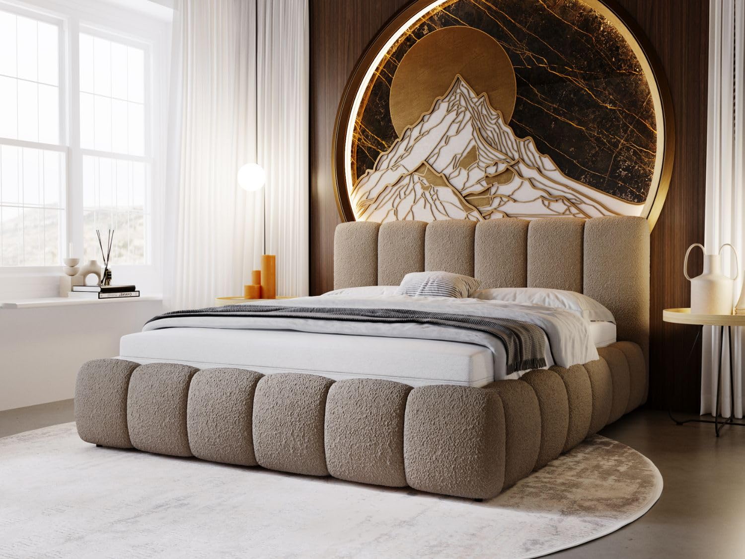 GRAINGOLD Cloud Bett 180x200, Polsterbett mit Bettkasten, Polsterbett mit Stauraum, Bouclé-Stoff, mit Lattenrost, mit Kopfteil, ohne Matratze (Braun, 180x200)