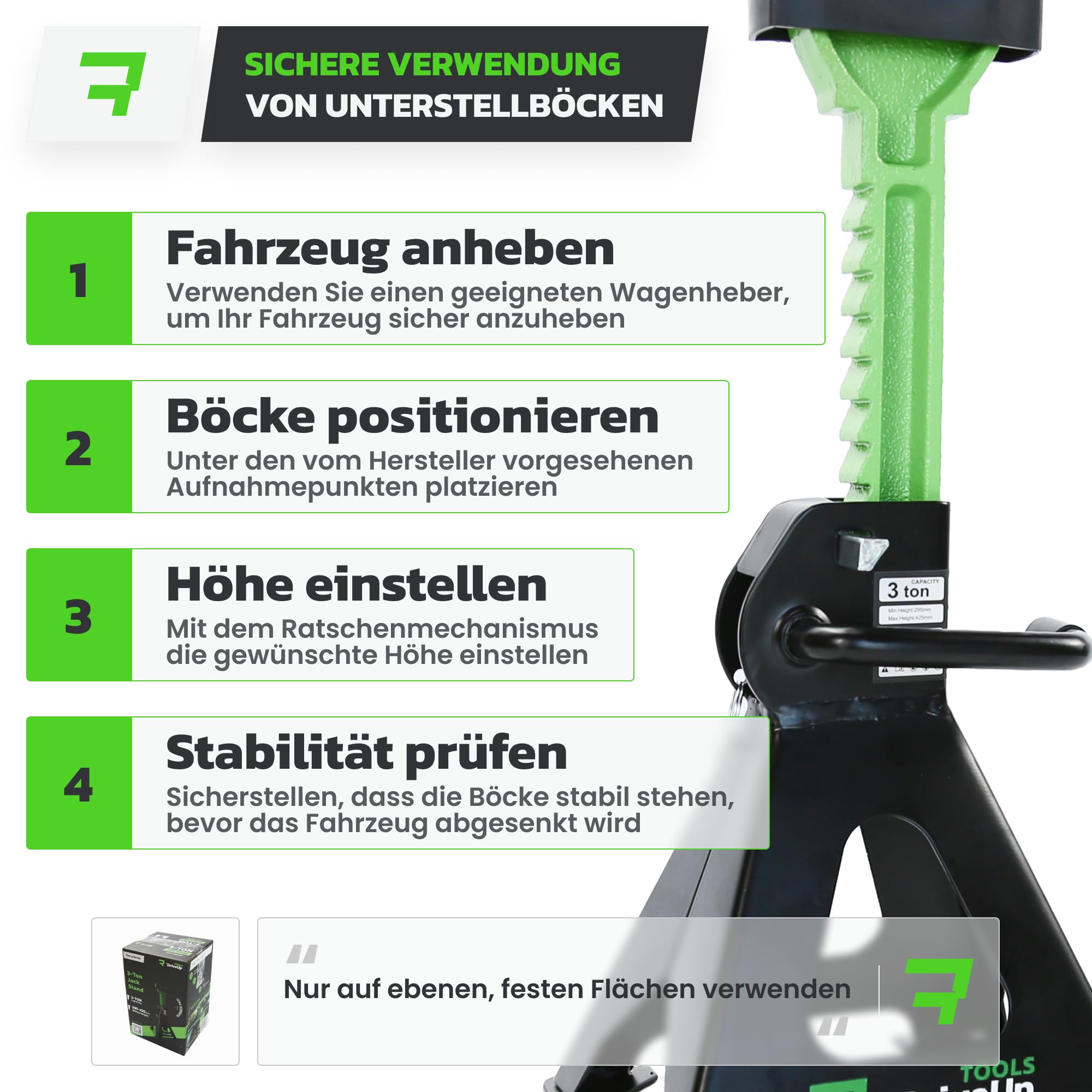 Unterstellböcke für Auto (3TONS - 420max) | Stabilisierende Wagenheberständer, 2er-Pack | Hubhöhe 280 mm–420 mm | Autolift – Auto Steht 3 Tonnen, insgesamt 6 Tonnen.