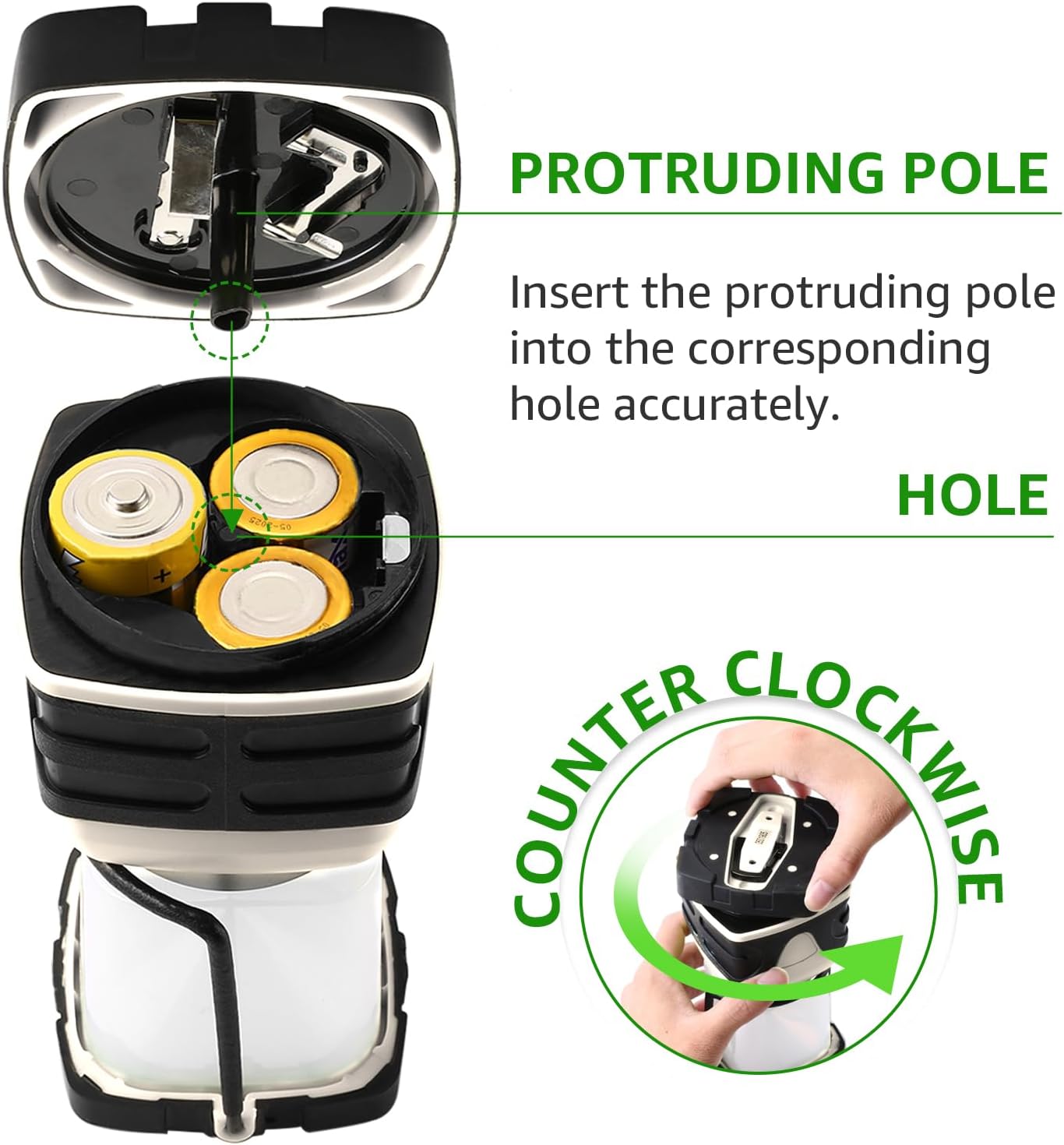Diagram showing how to open the battery compartment, insert D-size batteries, and align the protruding pole for secure closure.