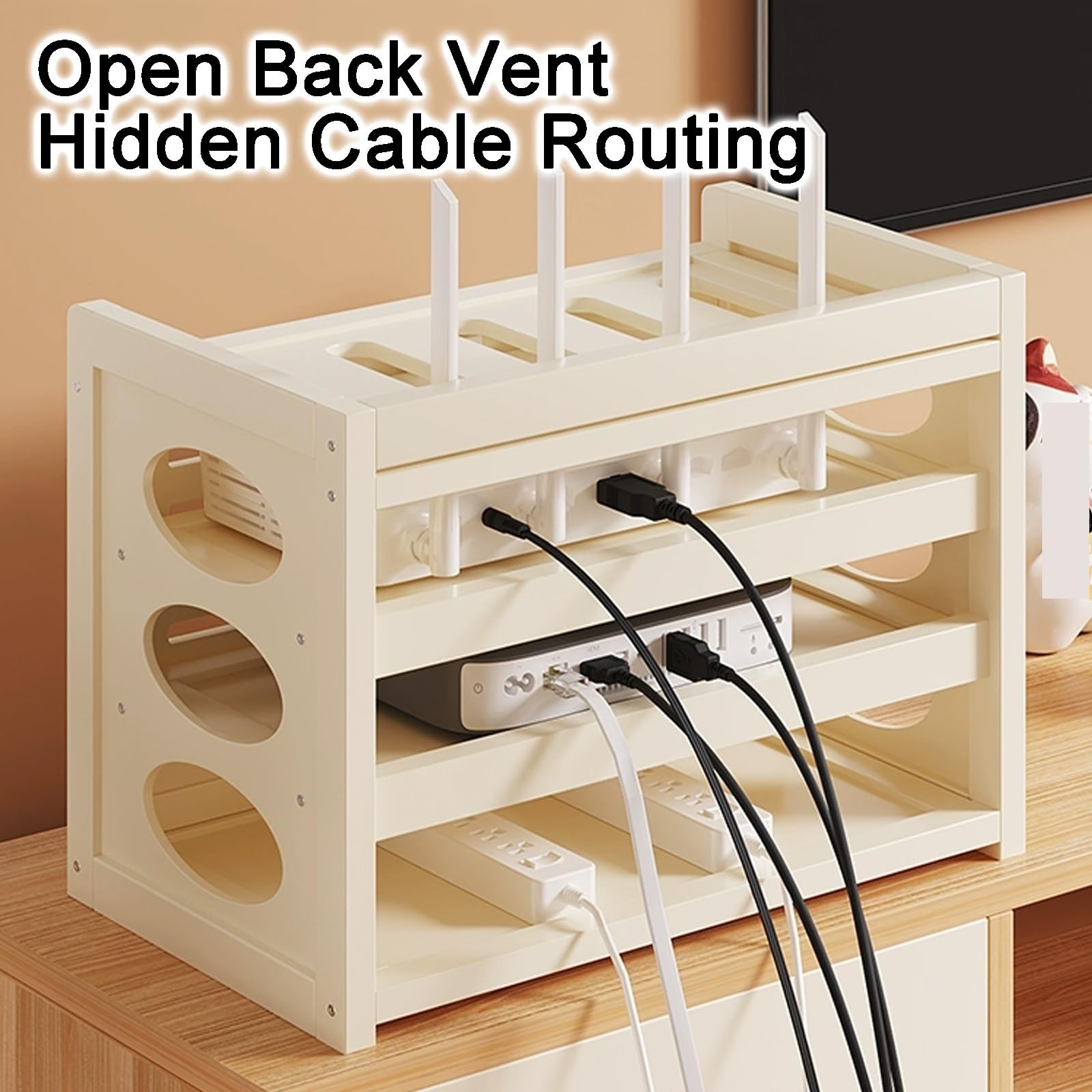 Cache Box Internet en Bois avec Gestion des Câbles 30.5x28x20cm
