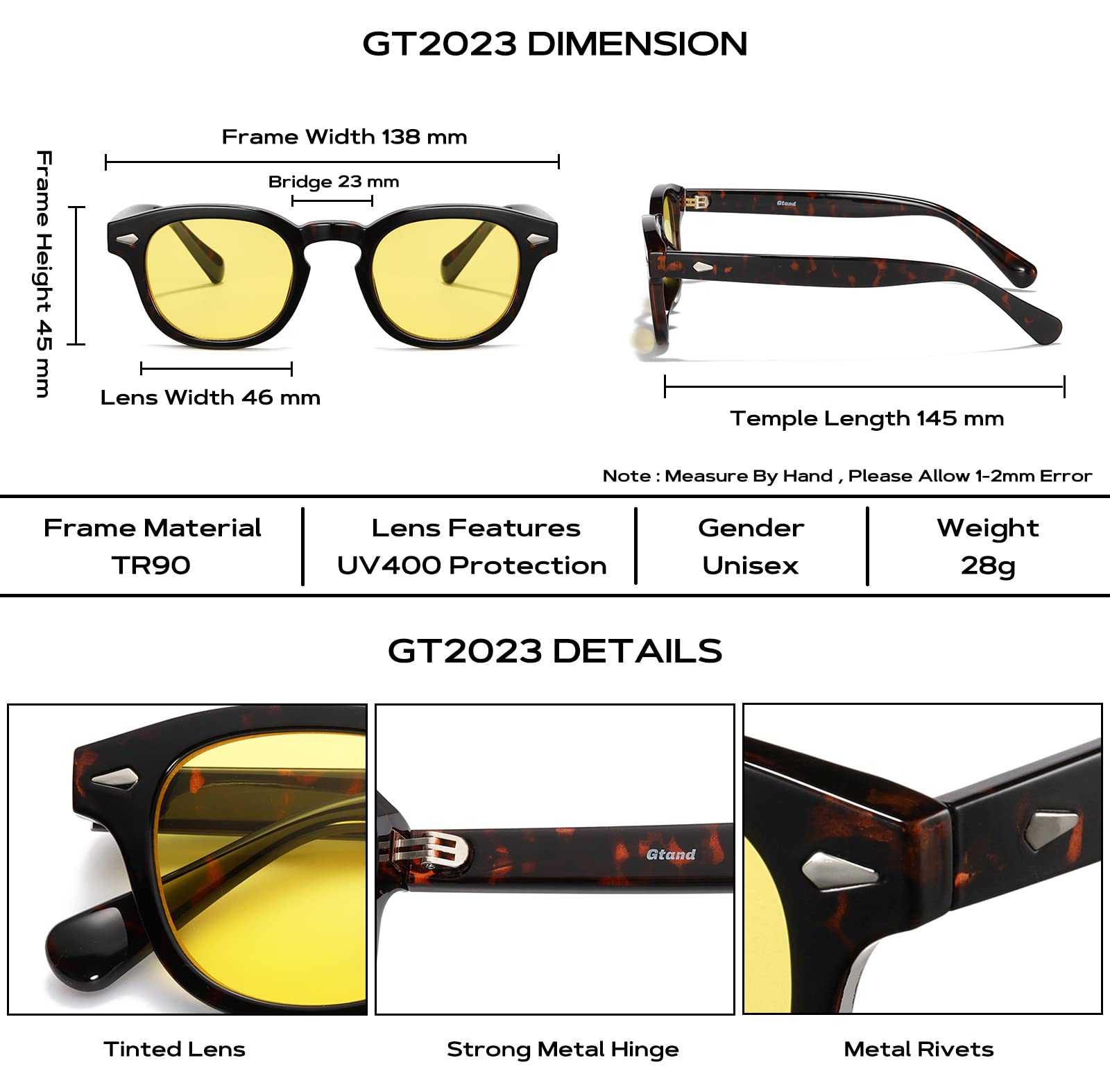 Gtand Unisex-Sonnenbrille im Vintage-Retro-Stil, rund, getönt, für Damen und Herren, modisch, kreisförmig, 46 mm, C19 Schildkröten-Rahmen/gelb getönte Gläser, 46mm