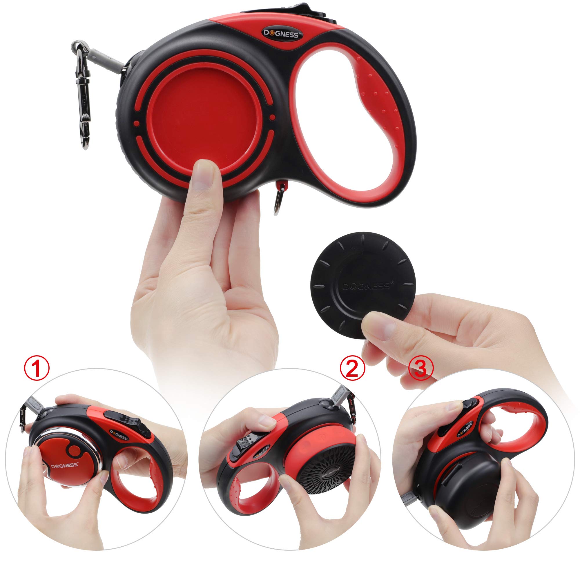 Dogness Retractable Dog Leash - 5M, Bluetooth Speaker, LED Light, Convenience Box, Bright Red