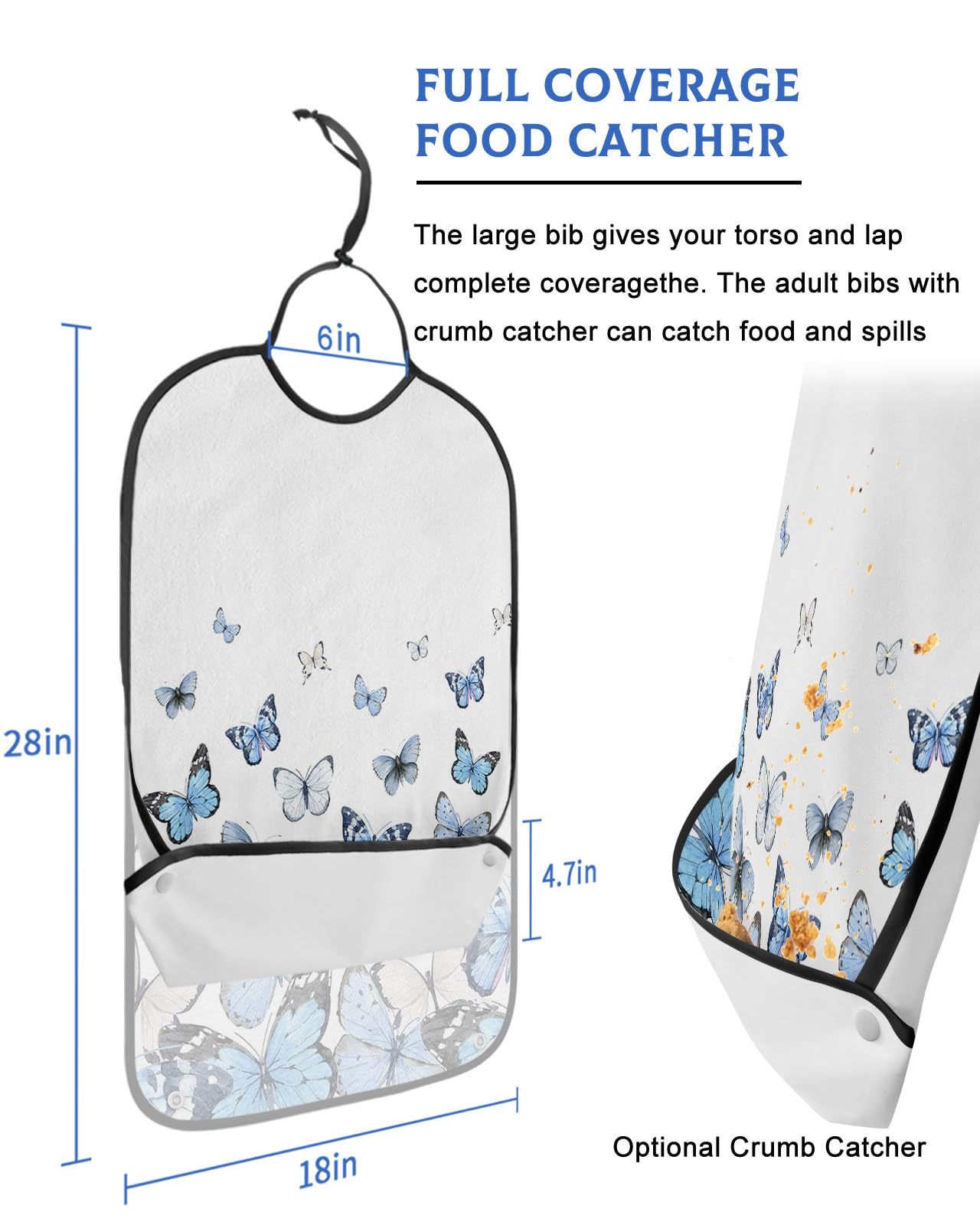 Adult Bibs for Elderly Women - Blue Butterfly Waterproof Dining Clothing Protectors with Crumb Catcher for Eating/Feeding, Watercolor Modern Abstract Art Aesthetics Terry Cloth Bib Machine Washable