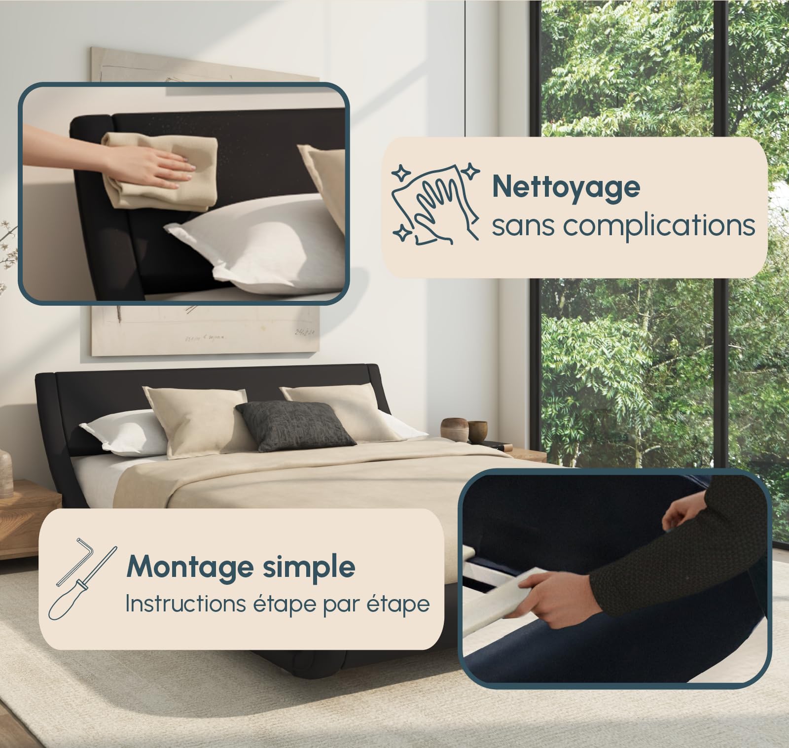 MB Muebles Bonitos | Lit Double Alessia avec Coffre de Rangement | pour Matelas 180x200 cm | Cadre de Lit en Simili Cuir Noir avec Sommier à Lattes | Design Moderne et Élégant