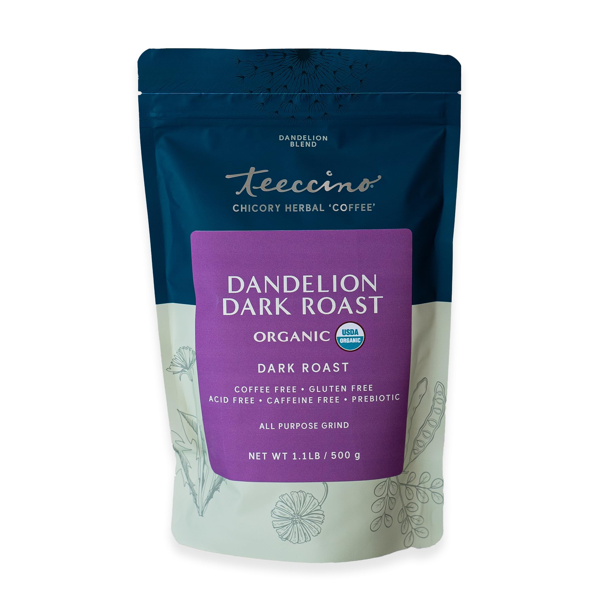 Teeccino Dandelion Dark Roast Herbal Coffee, 1.1 Pound - Caffeine-Free Coffee Alternative with Prebiotics, Gluten Free, Acid Free, Organic