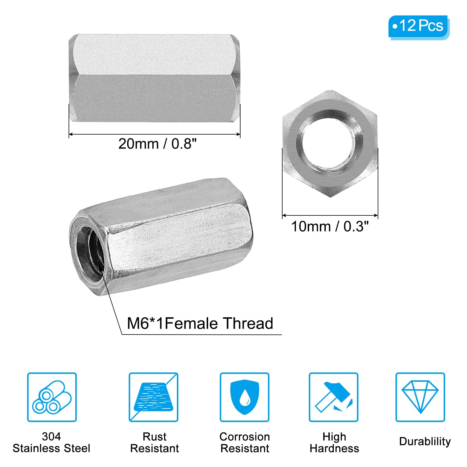 PATIKIL M6 x 1-Pitch 304 Stainless Steel Hex Coupling Nuts - Image 2