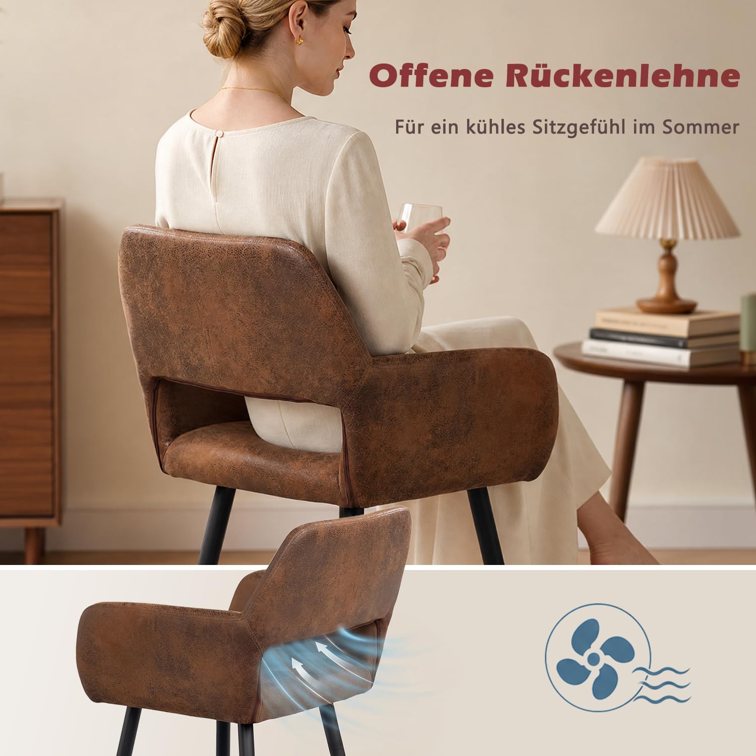 MEUBLE COSY Esszimmerstühle 2er Set Küchenstuhl Polsterstuhl mit Armlehne Sessel Wildledersitz Wohnzimmerstuhl Metallbeine, Braun Vintage, 56x56x78cm