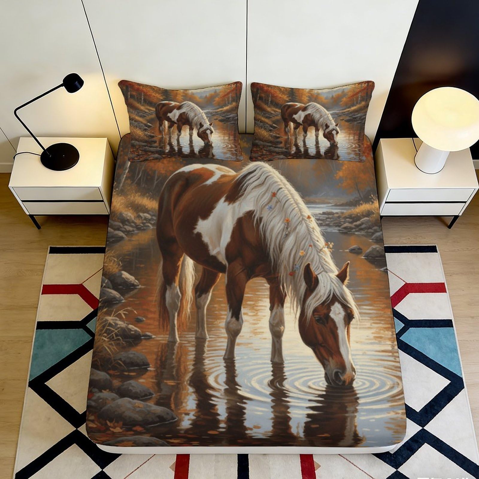 3D Printed Horse Fitted Sheet Microfiber Deep Pocket Non-Slip Bedroom Bedding Horse Mattress Fitted Cover for Adults 180x200x25cm