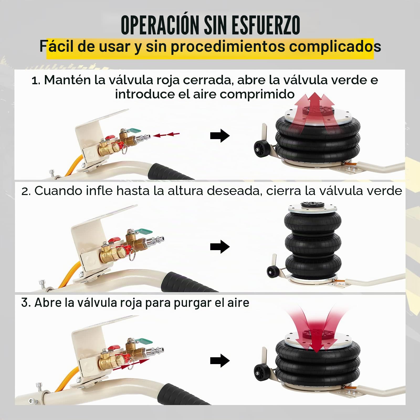 VEVOR Gato neumático para Coches, 5 toneladas Triple Bolsa Altura de elevación 16,5-40,6 cm, Gato Inflable para Coches Capacidad elevación Extremadamente rápida