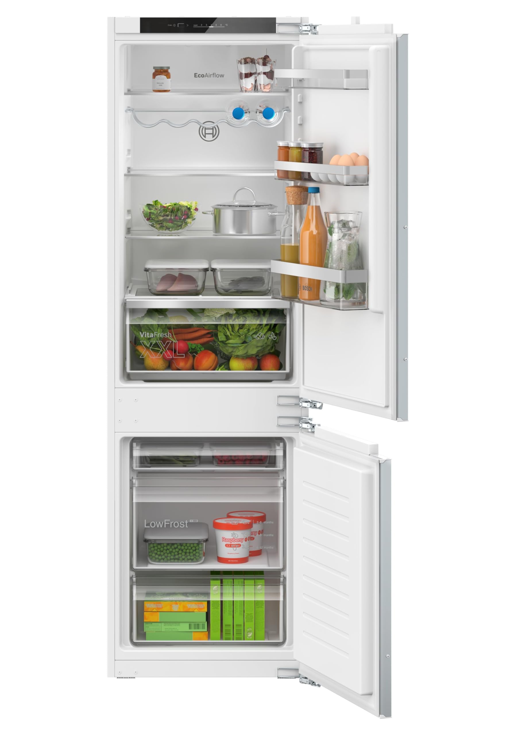 Bosch KIV86VFE1 Serie 4 Einbau-Kühl-Gefrier-Kombination, 177,2 x 54,1cm Nische, 183 L Kühlen + 84 L Gefrieren, Flachscharnier, Made in Germany, VitaFresh XXL längere Frische, LowFrost seltener abtauen