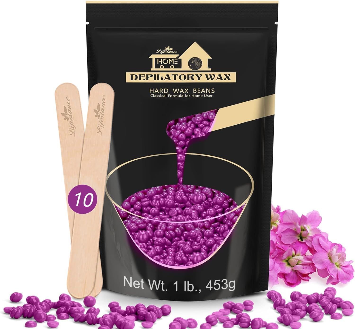 Violet 450g Wax Beads, Coarse Hair Removal Formula, Hard Wax Beads for Brazilian Bikini - Legs - Underarm- Private Part, Waxing Beads with 10 Applicators for Wax Warmers