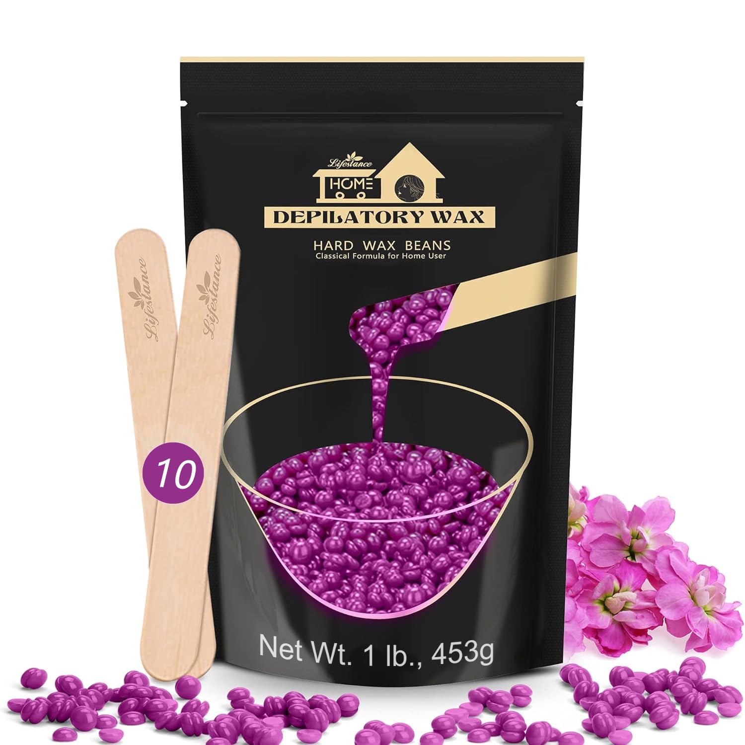 Premium Hot Wax Beads for Hair Removal, 450g Wax Beans with 10 Wooden Spatula, Violet Brazilian Bikini Waxing Full Body Intimate, Legs, Face and Arms