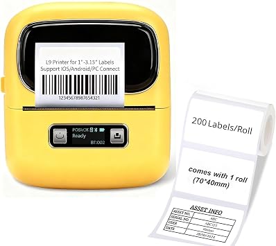 Label Printer, Rechargeable Label Maker Machine with Tape7040mm, L9 Portable Printer Sticker Barcode Makers for Small Business, Office, Home & Kitchen- 3.14 Inch, Yellow