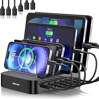 MSTJRY 6-Port USB Charging Station Organizer: Multi-Device Dock for iPhone, iPad, Android Phones & Tablets with Cables - Black