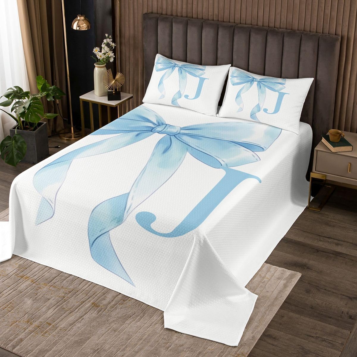 Feelyou Cute Blue Bow Bedspread 2 Pieces Twin Size Personalized Initial J Coverlet Set Soft Cozy Ribbon Bow Knot Lightweight Quilted Coverlet for All Season with 1 Pillowcase Kawaii Princess Bowknot
