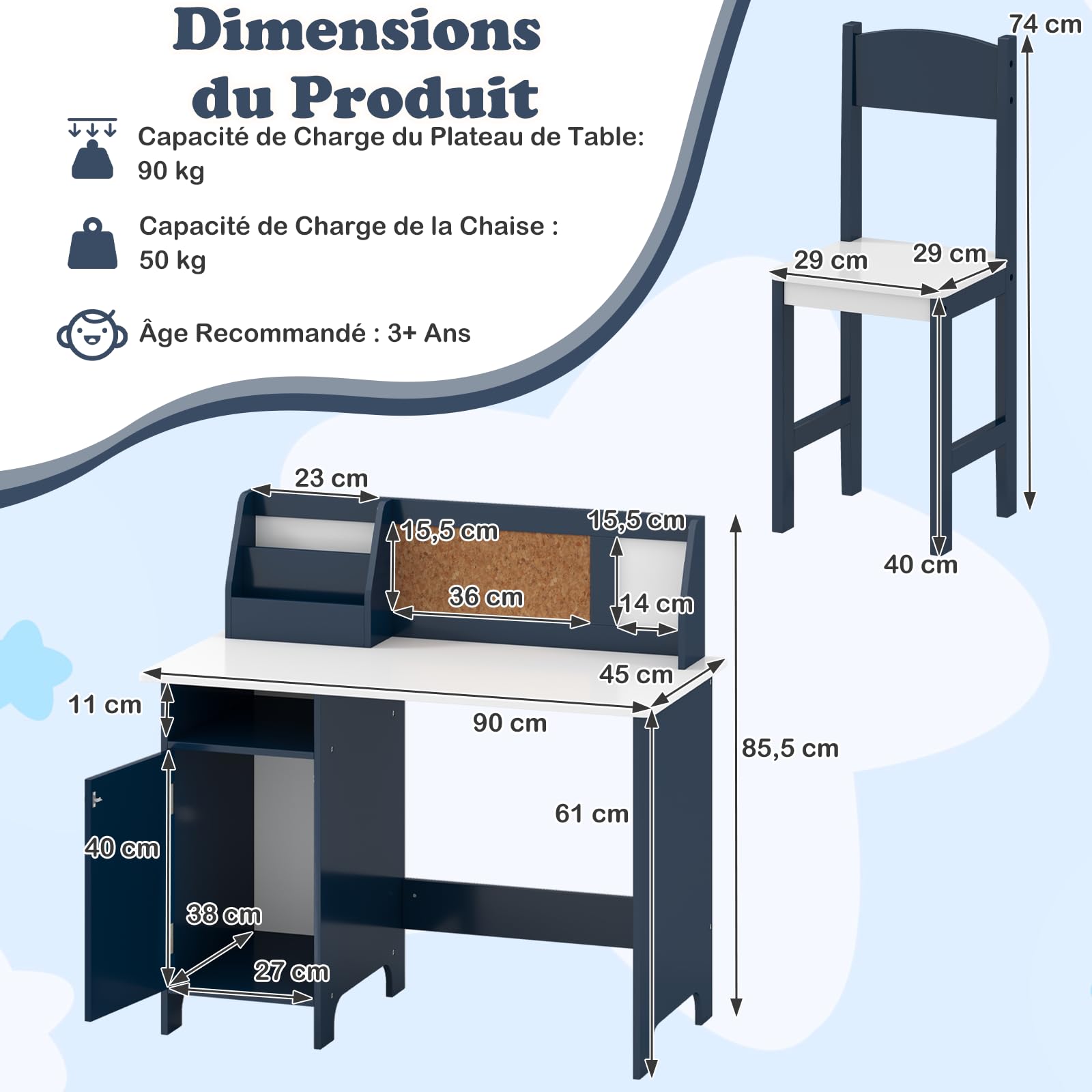 DREAMADE Bureau Enfant en Bois avec Chaise Ergonomique,Table d'Etude et Chaise Enfants avec Étagère,Tableau Blanc,Tableau d'Affichage,Marqueur,90x45x85,5CM (Bleu)
