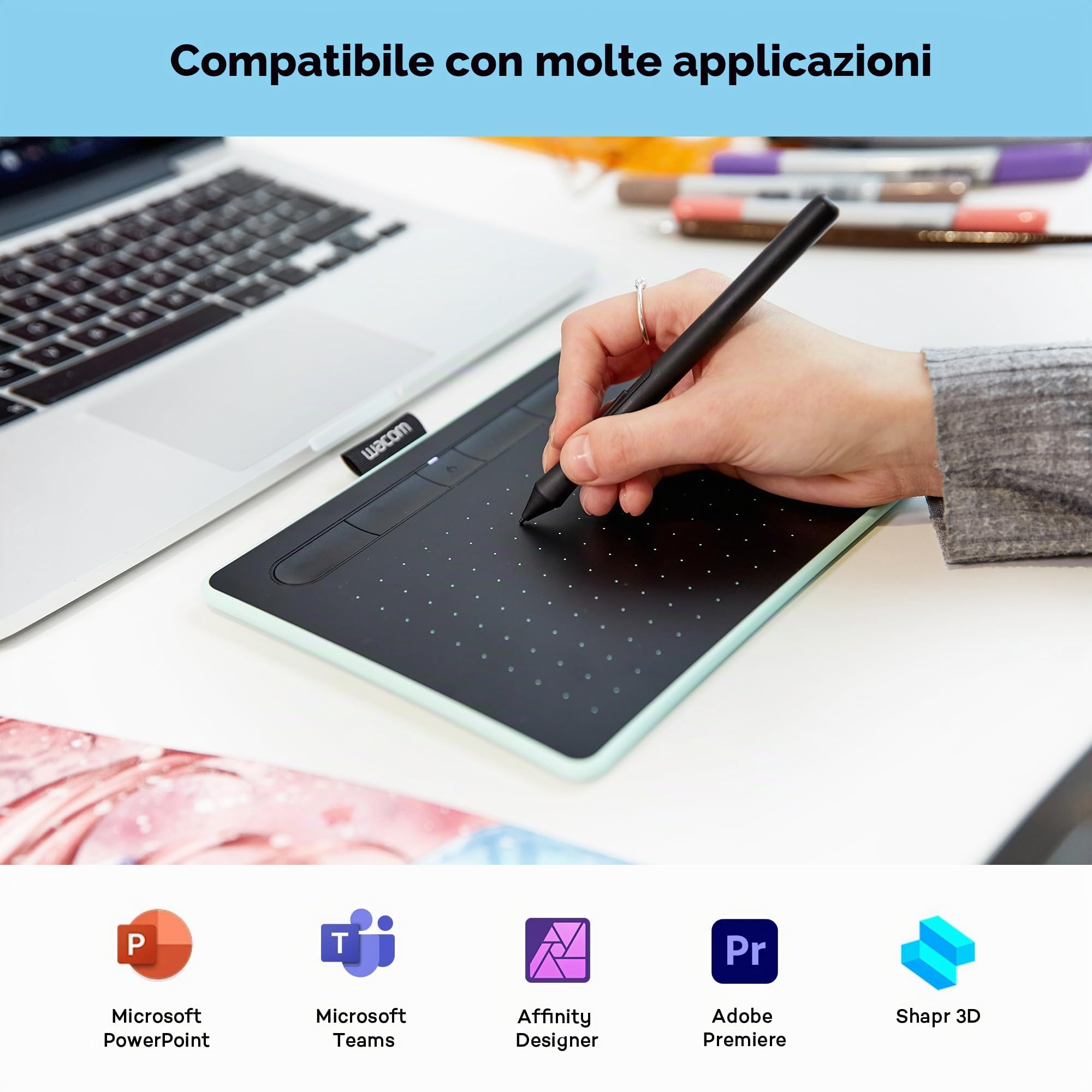 Wacom Ctl-4100Wle-S Intuos Bluetooth, Tavoletta Grafica Con Penna, Software Creativo e Bluetooth Inclusi, Verde Pistacchio, S