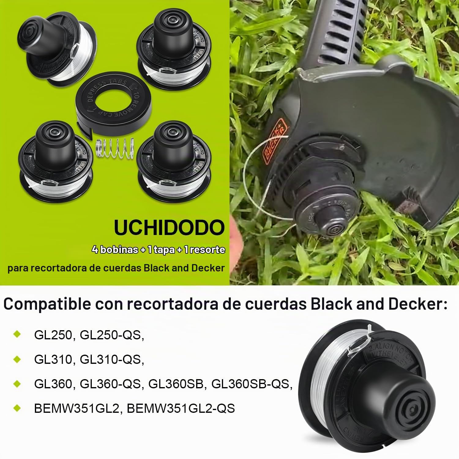 Hilo Desbrozadora para Black y Decker Cortadora, 4 Carretes | Longitud 5,1 m, Diámetro 1,6 mm con Cubierta Y Resorte