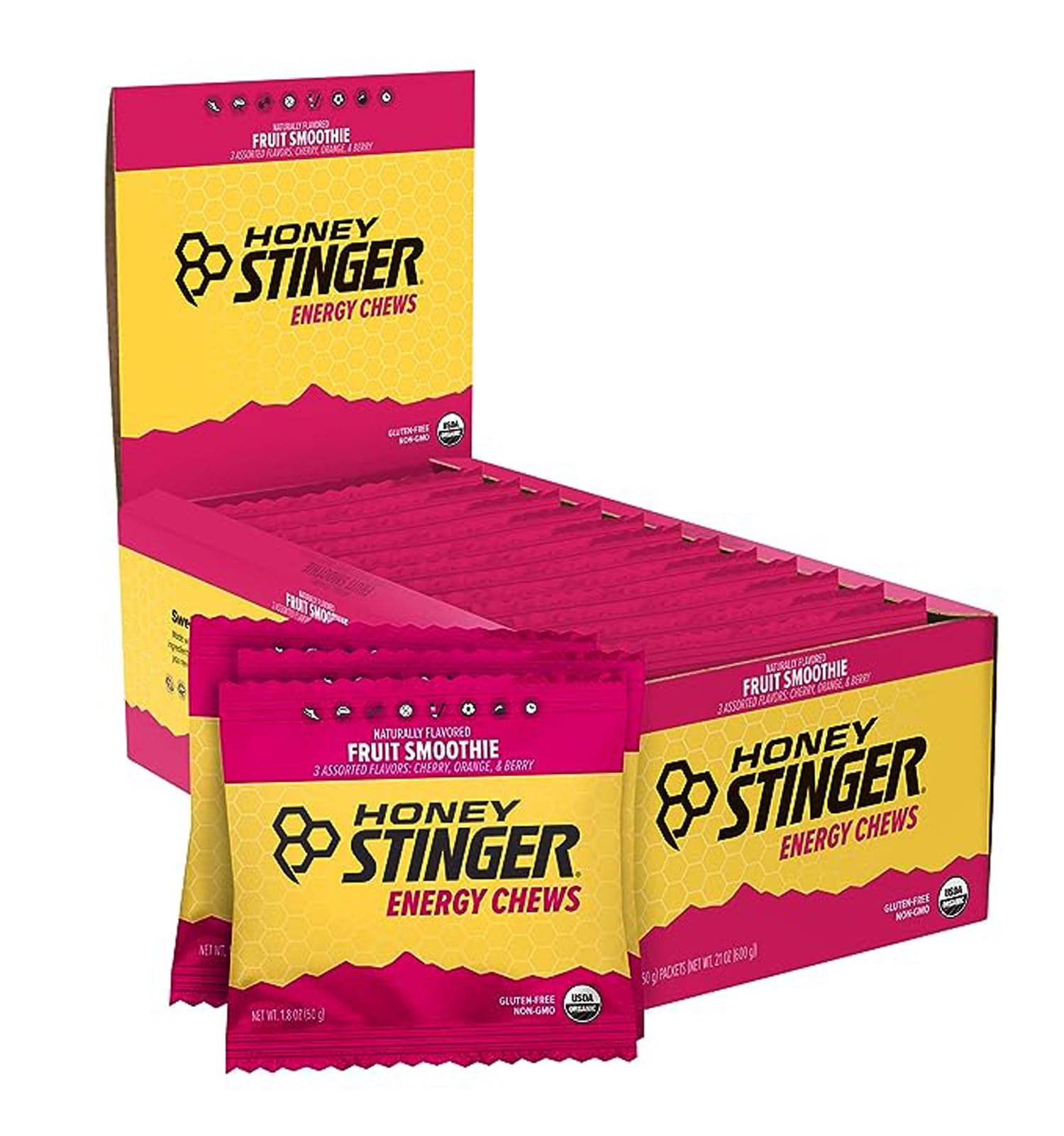 Honey Stinger Organic Fruit Smoothie Energy Chew | Gluten Free & Caffeine Free | For Exercise, Running and Performance | Sports Nutrition for Home & Gym, Pre and Mid Workout | 12 Pack, 21.6 Ounce