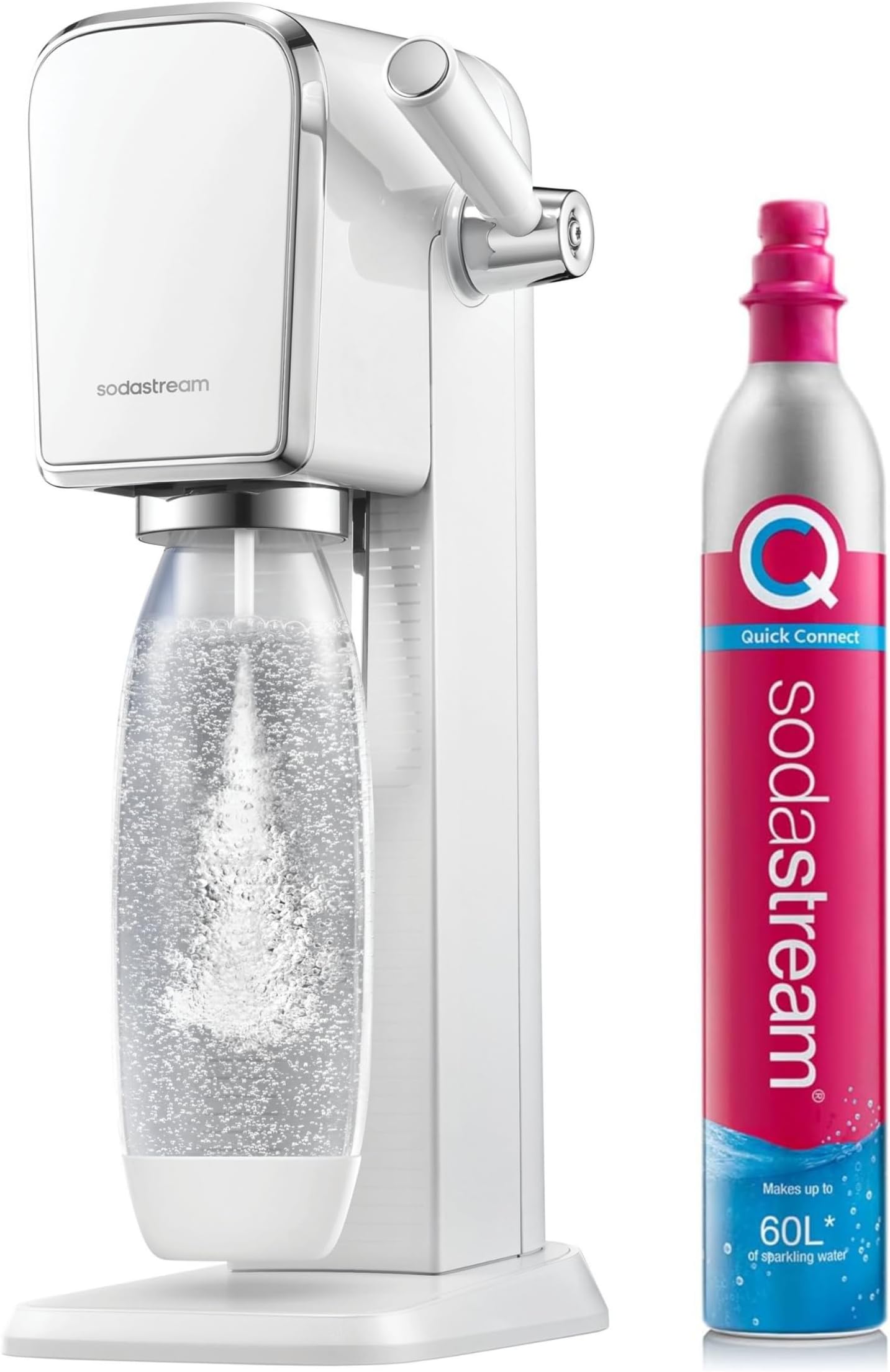 Art Sparkling Water Maker, Sparkling Water Machine & 1 L Fizzy Water Bottle, Retro Drinks Maker w. BPA-Free Water Bottle & INCLUDES 60 L Co2 Gas, Safe Home Carbonated Water & Quick Connect - White